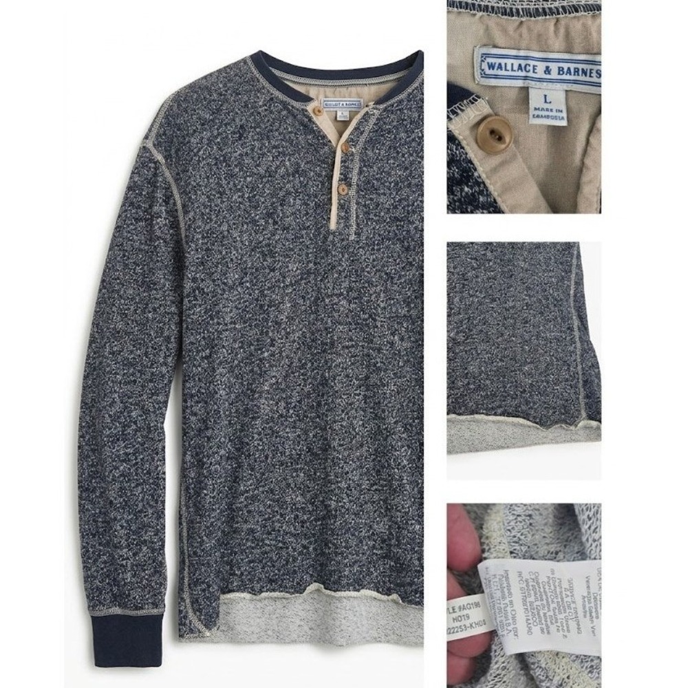 Wallace Barnes J Crew Mens L Henley Shirt Blue Marled Knit Cotton Long Sleeve